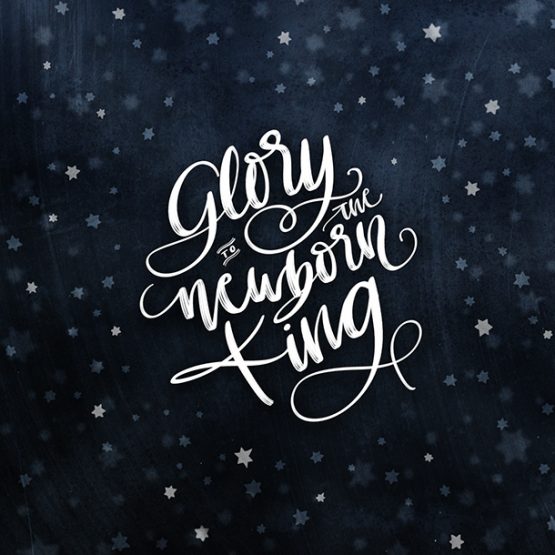 Glänzend schimmernde Weihnachtskarte: GLORY TO THE NEWBORN KING